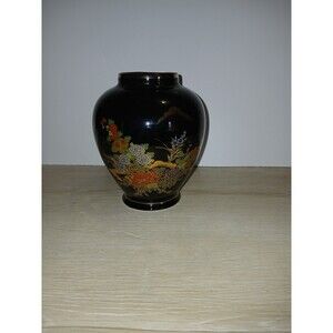 Artmark Porcelain Vase Japanese Open Floral Black Ginger Jar Gold Rimmed Vintage